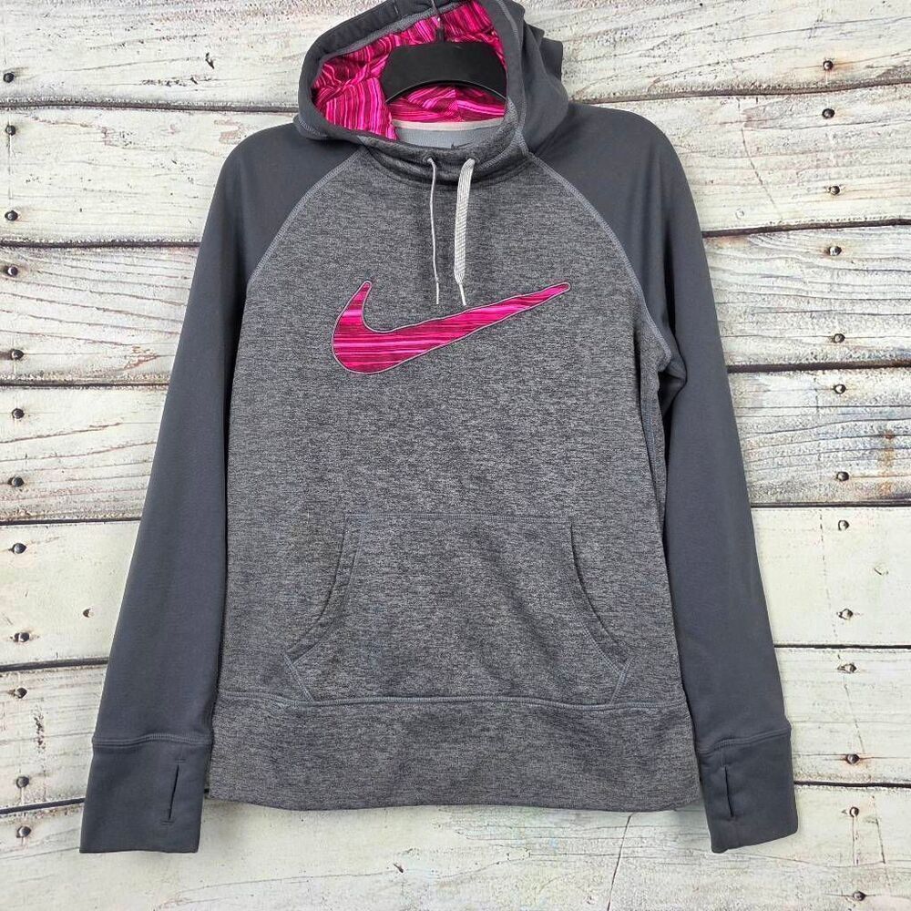 Nike Therma Fit M Gray Hoodie Pink Swoosh